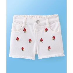 Babyhug Cotton Spandex Mid Thigh Length Stretchable Denim Shorts with Floral Embroidery - White
