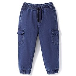 Babyhug Denim Full Length Solid Joggers With Stretch- Dark Blue