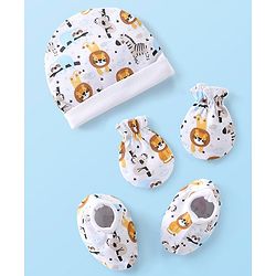 Babyhug 100% Cotton Knit Cap Mittens & Booties Set with Lion Print - White