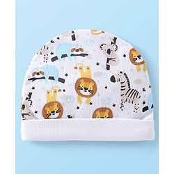 Babyhug 100% Cotton Knit Cap Mittens & Booties Set with Lion Print - White