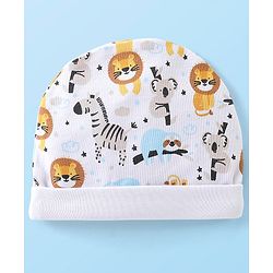 Babyhug 100% Cotton Knit Cap Mittens & Booties Set with Lion Print - White