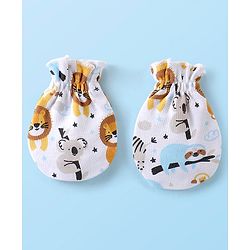 Babyhug 100% Cotton Knit Cap Mittens & Booties Set with Lion Print - White