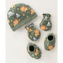 Babyhug 100% Cotton Knit Cap Mittens & Booties Set with Lion Print - Green