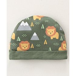 Babyhug 100% Cotton Knit Cap Mittens & Booties Set with Lion Print - Green