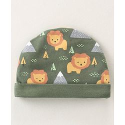 Babyhug 100% Cotton Knit Cap Mittens & Booties Set with Lion Print - Green