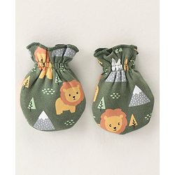 Babyhug 100% Cotton Knit Cap Mittens & Booties Set with Lion Print - Green