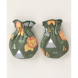 Babyhug 100% Cotton Knit Cap Mittens & Booties Set with Lion Print - Green