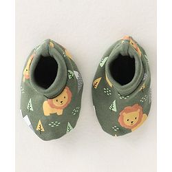 Babyhug 100% Cotton Knit Cap Mittens & Booties Set with Lion Print - Green