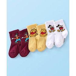 Cute Walk Disney By Babyhug Anti Bacterial Ankle Length Socks Mickey Mouse & Pooh Design Pack Of 3 - Multicolour