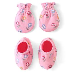 Babyhug 100% Cotton Knit Floral Print Mittens & Booties - Pink