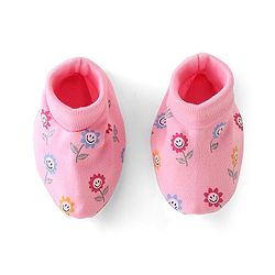 Babyhug 100% Cotton Knit Floral Print Mittens & Booties - Pink