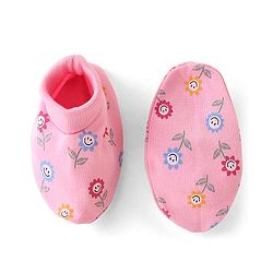 Babyhug 100% Cotton Knit Floral Print Mittens & Booties - Pink