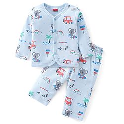 Babyhug 100% Cotton Knit Full Sleeves T-Shirt and Pajama Car Print- Blue