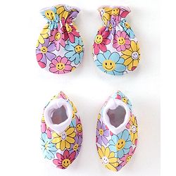 Babyhug 100% Cotton Knit Floral Print Mittens & Booties - Multicolor