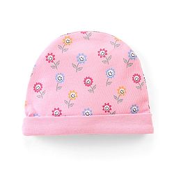 Babyhug 100% Cotton Knit Cap Floral Print With Bow - Pink