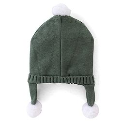 Babyhug Knitted Woolen Cap with Pom Pom Applique - Olive Green
