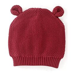Babyhug 100% Cotton Cable Knit Design Woollen Cap with Ear Applique - Red