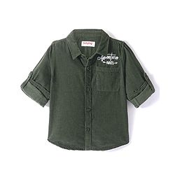 Babyhug Full Sleeves One Pocket Corduroy Shirt Text Embroidery - Olive