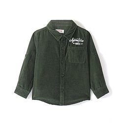 Babyhug Full Sleeves One Pocket Corduroy Shirt Text Embroidery - Olive