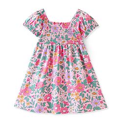 Babyhug 100% Cotton Knit Half Sleeves Frock Floral Print- Peach