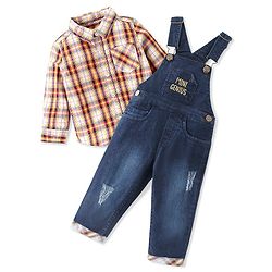 Babyhug Text Embroidered Denim Dungaree and Full Sleeves Checkered Shirt Set - Multicolor & Blue