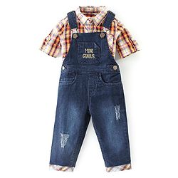 Babyhug Text Embroidered Denim Dungaree and Full Sleeves Checkered Shirt Set - Multicolor & Blue