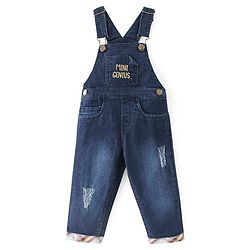 Babyhug Text Embroidered Denim Dungaree and Full Sleeves Checkered Shirt Set - Multicolor & Blue