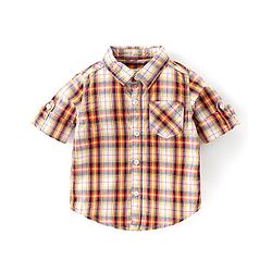 Babyhug Text Embroidered Denim Dungaree and Full Sleeves Checkered Shirt Set - Multicolor & Blue