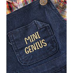 Babyhug Text Embroidered Denim Dungaree and Full Sleeves Checkered Shirt Set - Multicolor & Blue
