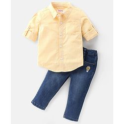 Babyhug Cotton Woven Full Sleeves Checkered Shirt & Jeans Set - Yellow & Blue