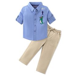 Babyhug Cotton Woven Full Shirt & Trouser Set Dino Printed - Blue & Beige
