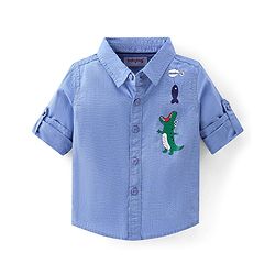 Babyhug Cotton Woven Full Shirt & Trouser Set Dino Printed - Blue & Beige