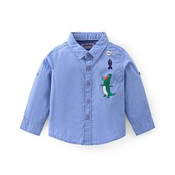 Babyhug Cotton Woven Full Shirt & Trouser Set Dino Printed - Blue & Beige