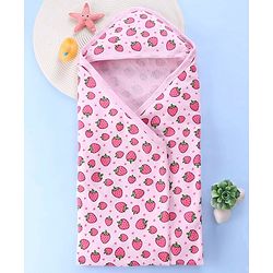 Babyhug Terry Knit Hooded Bath Towel Strawberry Print L 72 x B 72 cm - Pink