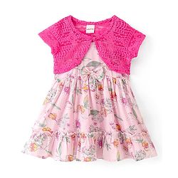 Babyhug Cotton Frock with Half Sleeves Shrug Floral Printed - Pink
