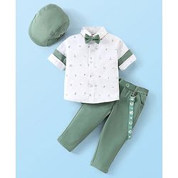Babyhug Woven Full Sleeves Party Wear Shirt & Pant With Bow & Suspender Light House Print - Green & White