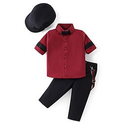Babyhug Full Sleeves Party Wear Shirt & Bottom With Bow & Suspender- Red & Black