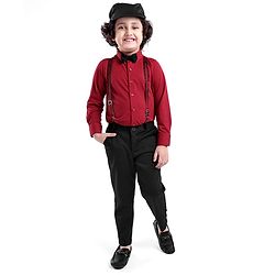 Babyhug Full Sleeves Party Wear Shirt & Bottom With Bow & Suspender- Red & Black