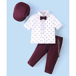 Babyhug Woven Full Sleeves Party Wear Shirt & Pant Set With Bow & Suspender Ice Cream Print - White & Maroon