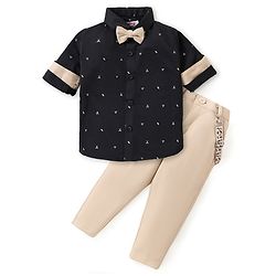 Babyhug Woven Full Sleeves Party Wear Shirt & Pant With Bow & Suspender Sunglasses Print - Black & Beige