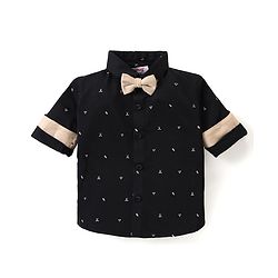 Babyhug Woven Full Sleeves Party Wear Shirt & Pant With Bow & Suspender Sunglasses Print - Black & Beige