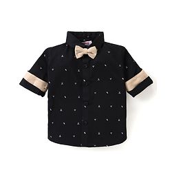 Babyhug Woven Full Sleeves Party Wear Shirt & Pant With Bow & Suspender Sunglasses Print - Black & Beige