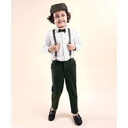 Babyhug Woven Full Sleeves Party Wear Shirt & Trouser with Bow & Suspender Music Notes Print - White & Olive