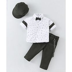 Babyhug Woven Full Sleeves Party Wear Shirt & Trouser with Bow & Suspender Music Notes Print - White & Olive
