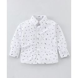 Babyhug Woven Full Sleeves Party Wear Shirt & Trouser with Bow & Suspender Music Notes Print - White & Olive