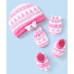 Babyhug 100% Cotton Knit Tree Print Cap Mittens & Booties - Pink