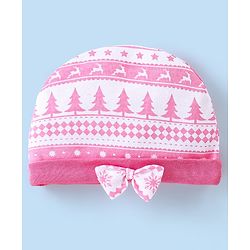 Babyhug 100% Cotton Knit Tree Print Cap Mittens & Booties - Pink