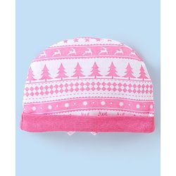 Babyhug 100% Cotton Knit Tree Print Cap Mittens & Booties - Pink