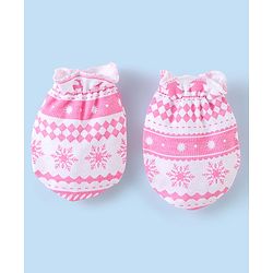 Babyhug 100% Cotton Knit Tree Print Cap Mittens & Booties - Pink