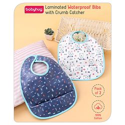 Babyhug 100% Cotton  TPU Lamination Waterproof Bibs with Crumb Catcher Teddy Print Pack of 2- Blue & White